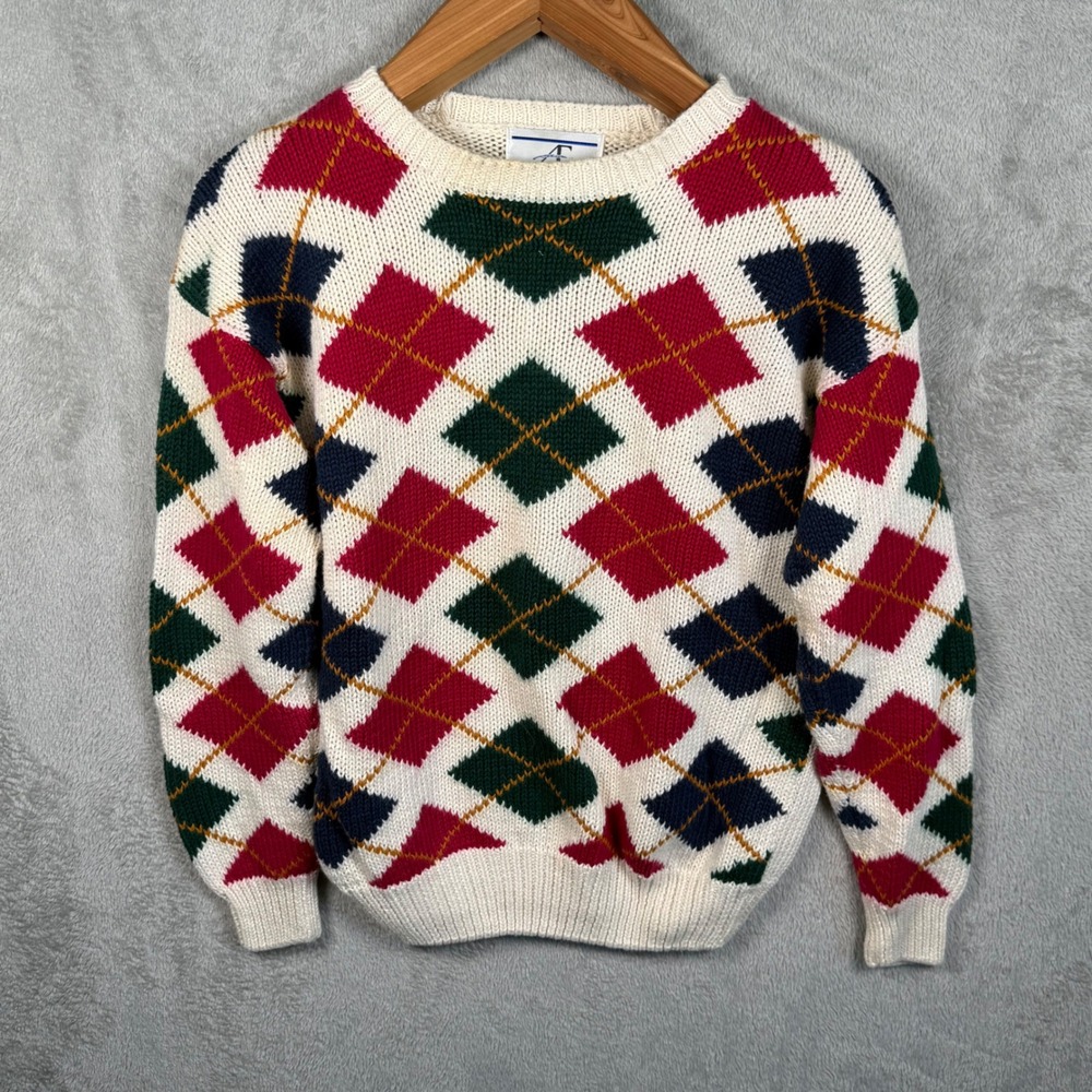 Accordeon Sweater Women M White Argyle L/S Ramie Cotton Knit Vintage Pullover
